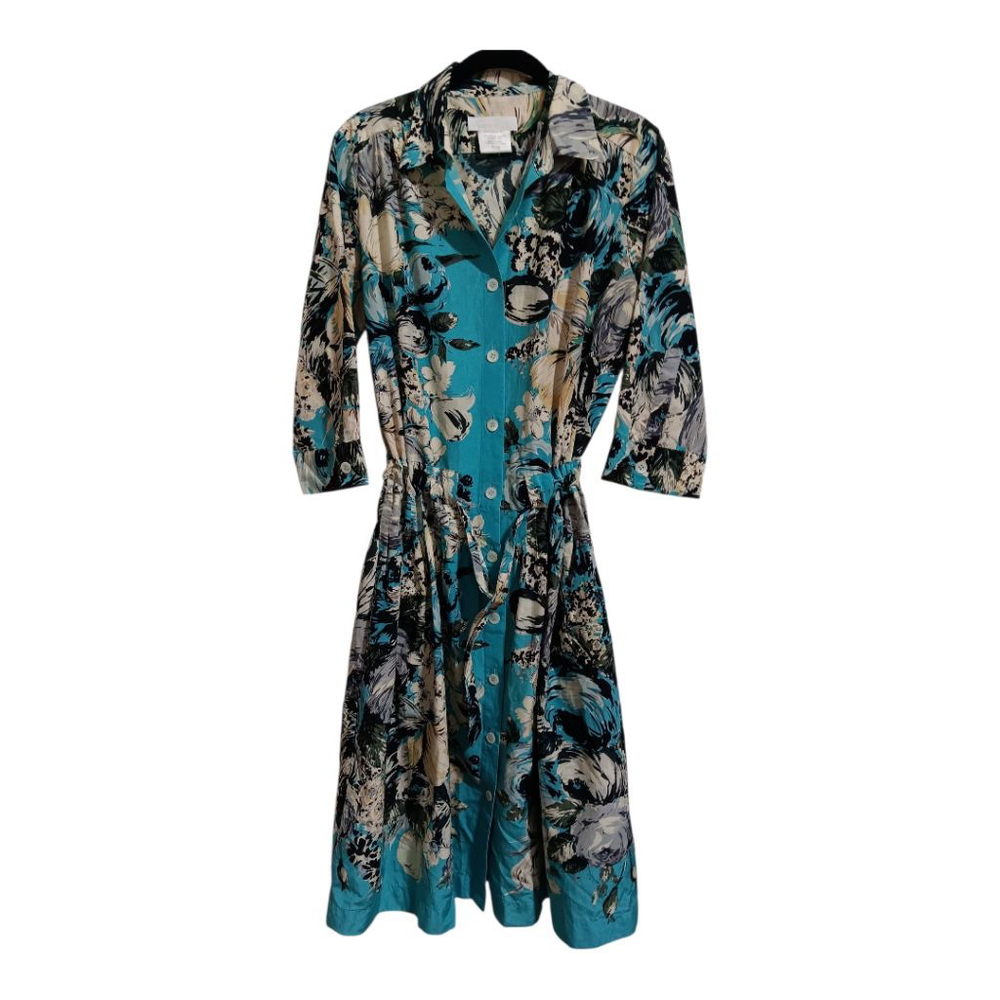 Nicole Farhi Silk Blend Turquoise Floral Button Up Belted Retro Midi Dress - Picture 10 of 16